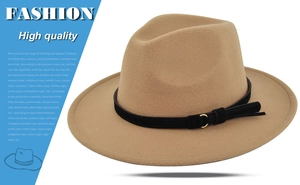 Detail view of khaki wool fedora hat with black band, gold metal ring and tassel detail