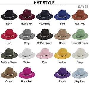 Flat brim wool jazz hat collection with metal chains in nineteen vibrant color options