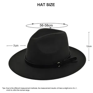 Classic wide-brim wool fedora hat in black with leather band and size specification