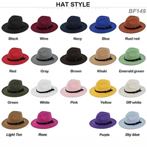Matrix display of wide brim fedora hats in 19 colors with elegant metal buckle belts
