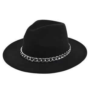 Classic Woolen Fedora Hat With Metal Chain Decoration Flat Brim Wide Brim Jazz Hat For Men Women Retro Fashion Party Accessory
