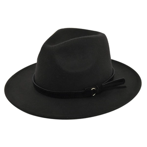 Detail of black fedora hat showing textured felt material and gold metal ring on band