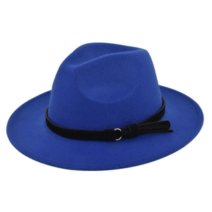 Royal blue wool fedora hat with black suede belt and gold metal ring accent