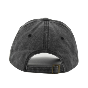 Detail view of the metal buckle closure and washed texture on the back of the baseball cap