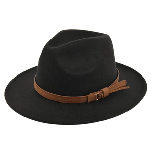 Classic black wool fedora hat with a flat brim and brown leather belt buckle detail