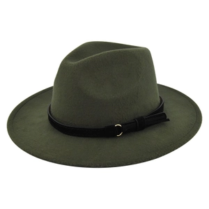 Detail of dark green wool fedora hat featuring black suede band and gold buckle