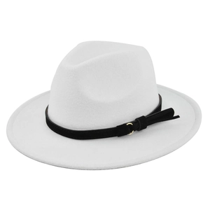 Close-up of white wool fedora hat with elegant black band and gold buckle detail