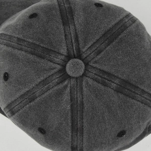 Top view detail of dark grey six-panel baseball cap with textured cotton and eyelets