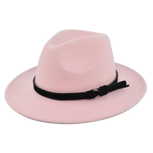 Detailed top view of a pink wool fedora hat featuring a black band with gold buckle