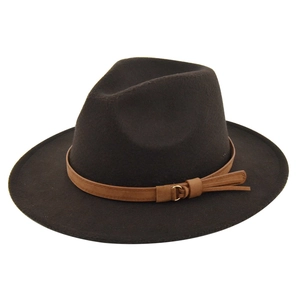 Detailed close-up of dark brown wool fedora with brown leather band and gold metal buckle