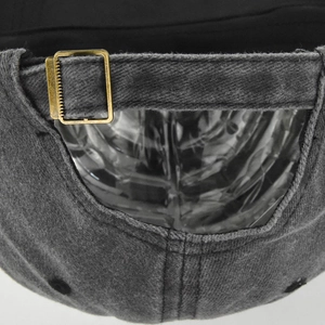 Rear view of vintage dark grey washed denim baseball cap with adjustable copper buckle