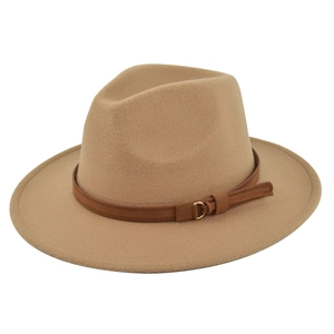Detail of light brown fedora hat with flat brim and brown leather strap buckle