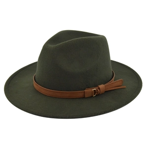 Detail of olive green wool fedora with brown faux leather band and gold buckle