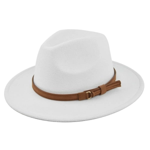 Close-up of a white felt fedora hat featuring a brown leather band and gold metal ring buckle