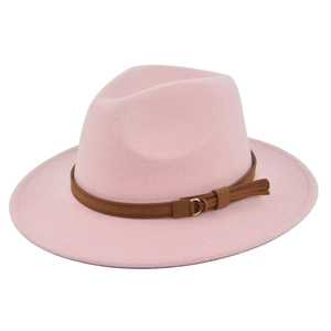 Close-up of pink wool fedora hat with brown suede belt and gold metal buckle detail