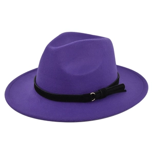Close-up of a deep purple wool fedora hat featuring a black belt with golden buckle detail