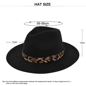 Size guide for black wool fedora with leopard band, showing dimensions 56-58cm head girth