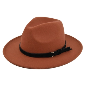 Detailed macro view of retro brown fedora hat with black suede band and golden buckle