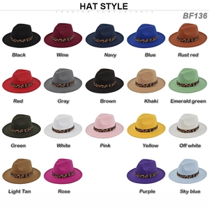 Flat brim wool fedora hats with leopard band in 19 colors including black and burgundy