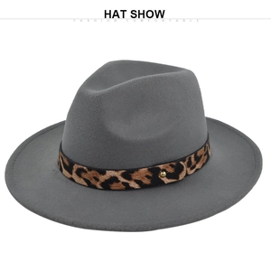 Detailed view of grey wool fedora hat with leopard print band and gold metal rivet