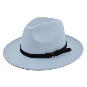 Detail view of light blue wool felt fedora featuring a slim black leather band and gold buckle