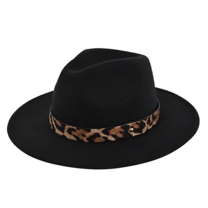 Close-up of black wool fedora featuring leopard print belt and golden rivet accent