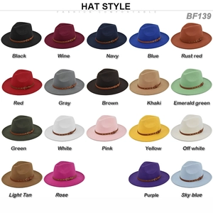 Λεπτομέρεια από 19 χρώματα μάλλινα καπέλα fedora με καφέ δερμάτινη ζώνη και αγκράφα