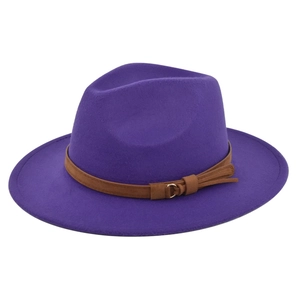 Detail view of purple wool fedora hat with brown leather belt and metallic buckle buckle