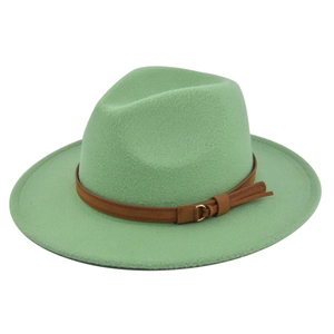 Detail of mint green wool fedora hat with brown leather belt and gold buckle strap