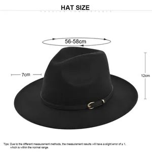 Size chart showing 56-58cm circumference and 7cm brim for the black wool fedora hat