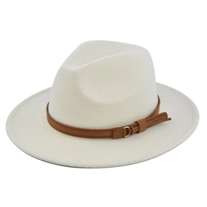 Detail of cream wool fedora with brown leather band, gold buckle and tassel fringe