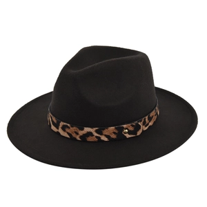 Detail of black wool fedora featuring a leopard print belt and gold metal buckle