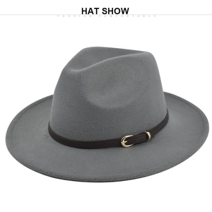 Detail of grey wool fedora hat with premium leather belt and metallic gold buckle
