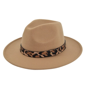 Detail of camel wool fedora hat featuring leopard print belt and gold buckle accent