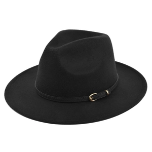 Classic black wool fedora hat with wide flat brim and leather band with gold buckle