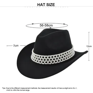 Guide des tailles pour chapeau cowboy noir vintage avec tour de tête de 56-58cm et perles