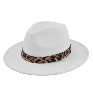 Detail of white wool fedora hat featuring leopard print belt and golden button