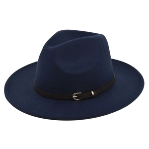 Detailed view of navy blue wool fedora hat featuring a brown leather band and silver buckle