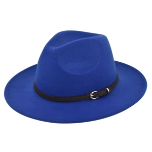 Detail view of royal blue wool fedora hat with brown leather band and silver metal buckle