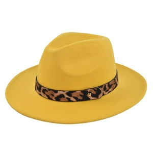 Classic yellow wool fedora hat with leopard print band and golden rivet decoration