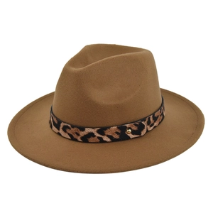 Detailed view of leopard print band and golden rivet on classic brown wool fedora hat