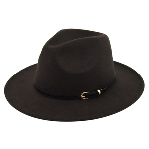 Detail view of charcoal wool fedora featuring a slim black leather belt and gold buckle