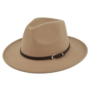 Detail of dark camel fedora wool hat featuring a brown leather belt and gold buckle