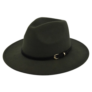 Detail of dark green fedora hat featuring black leather band and golden metal buckle