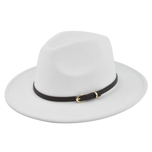 Close-up of white wool fedora hat featuring a black leather band and gold metal buckle