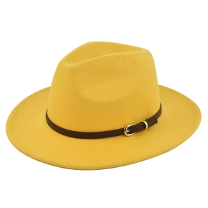 Detail of yellow wool fedora hat featuring a brown decorative belt with a golden buckle