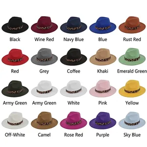Classic fedora felt hat collection in 19 colors with leopard print belt band detail