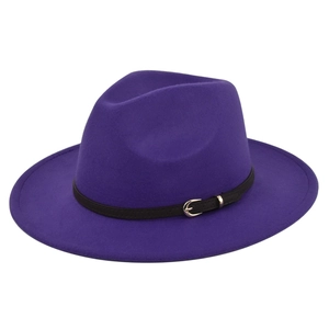 Close-up of vintage purple wool fedora with black leather belt and gold buckle