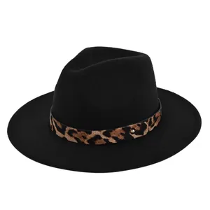 Vintage Woolen Fedora Hat For Women Leopard Print Belt Wide Brim Jazz Hat Gold Metal Rivet Fashion Sunshade Warm Hat