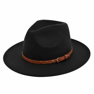 Unisex Καπέλο Φεντόρα Με Πλατύ Γείσο Ρετρό Καπέλο Τζαζ Από Απομίμηση Μαλλί Με Καφέ Δερμάτινη Ζώνη Με Πριτσίνια Για Άνδρες Γυναίκες